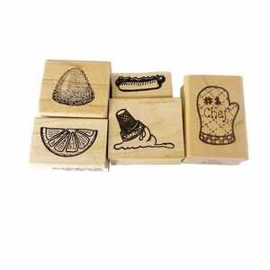Food Rubber Stamp Lot Hot Mitt #1 Chef Hot Dog Ice Cream Citrus Candy Wood Mount